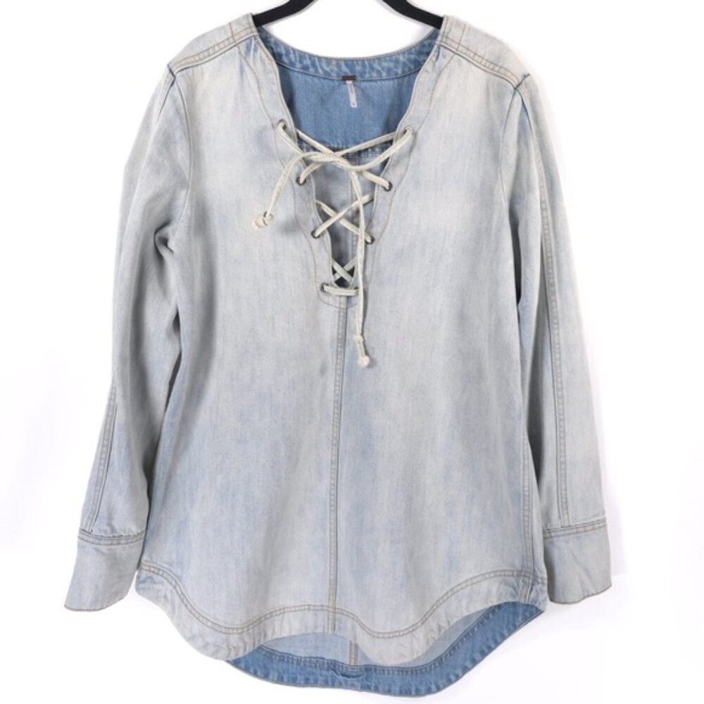 Free People Denim Pullover Neopolitan Dreams Blue Sky‎ Surfer Hippie Lace Up S/P